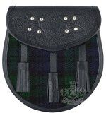 Black Watch Tartan Black Leather Sporran | Scottish Kilt Pouch