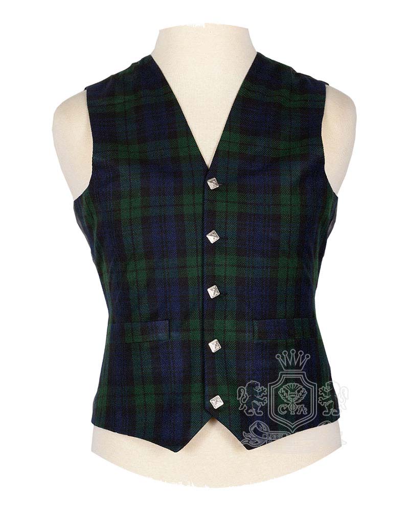 Black Watch Tartan Vest in deep green navy and black military tartan, 5-button front view