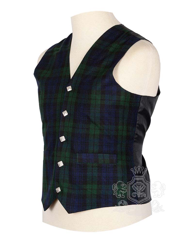 Black Watch tartan waistcoat showing Scottish metal buttons and V-neck design detail