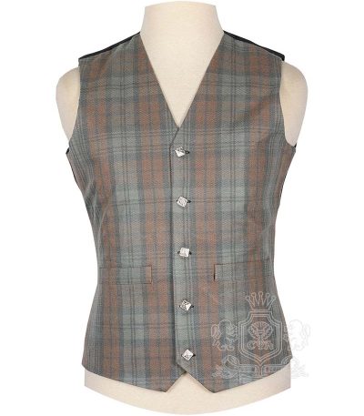 Black Watch Weathered Tartan Vest in muted green navy and black historic colourway, 5-button front view