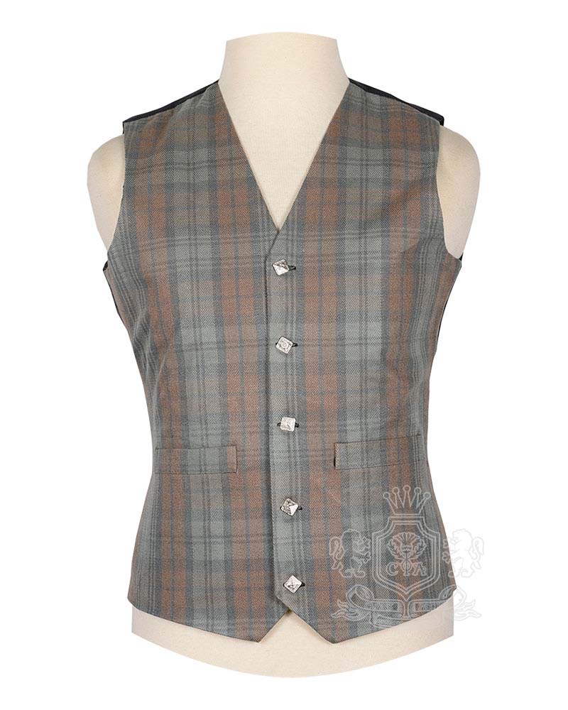 Black Watch Weathered Tartan Vest in muted green navy and black historic colourway, 5-button front view