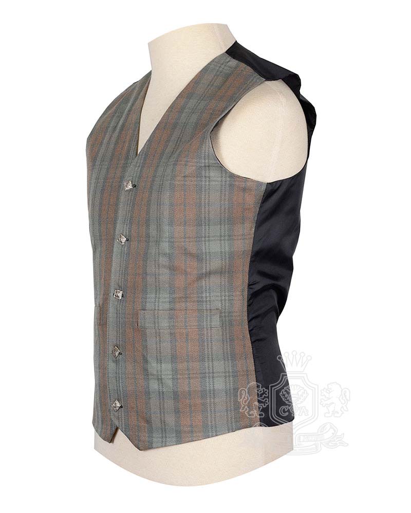 Black Watch Weathered tartan waistcoat showing muted historic colourway and V-neck design detail