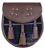 Blue Douglas Tartan Brown Leather Sporran | Scottish Kilt Pouch