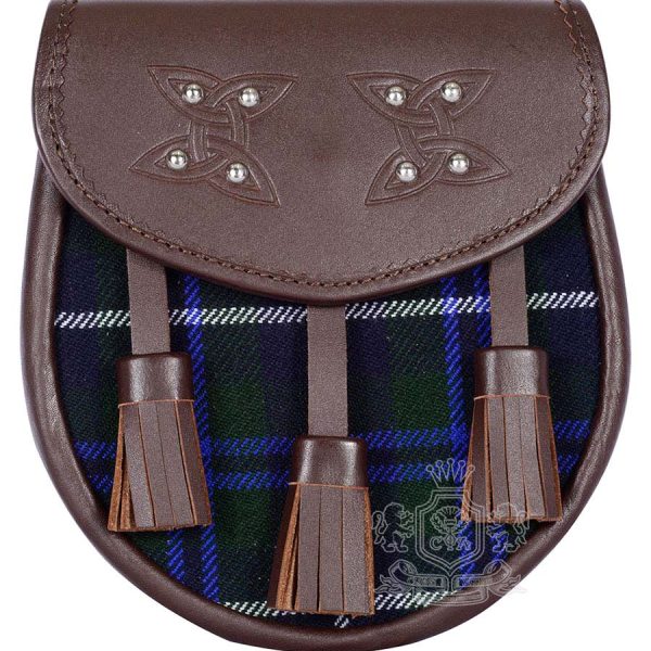 Blue Douglas Tartan Brown Leather Sporran | Scottish Kilt Pouch