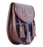 Blue Douglas Tartan Brown Leather Sporran | Scottish Kilt Pouch - Image 2