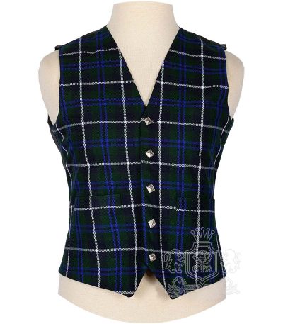 Douglas Blue Tartan Vest in rich blue green white and black clan tartan, 5-button front view