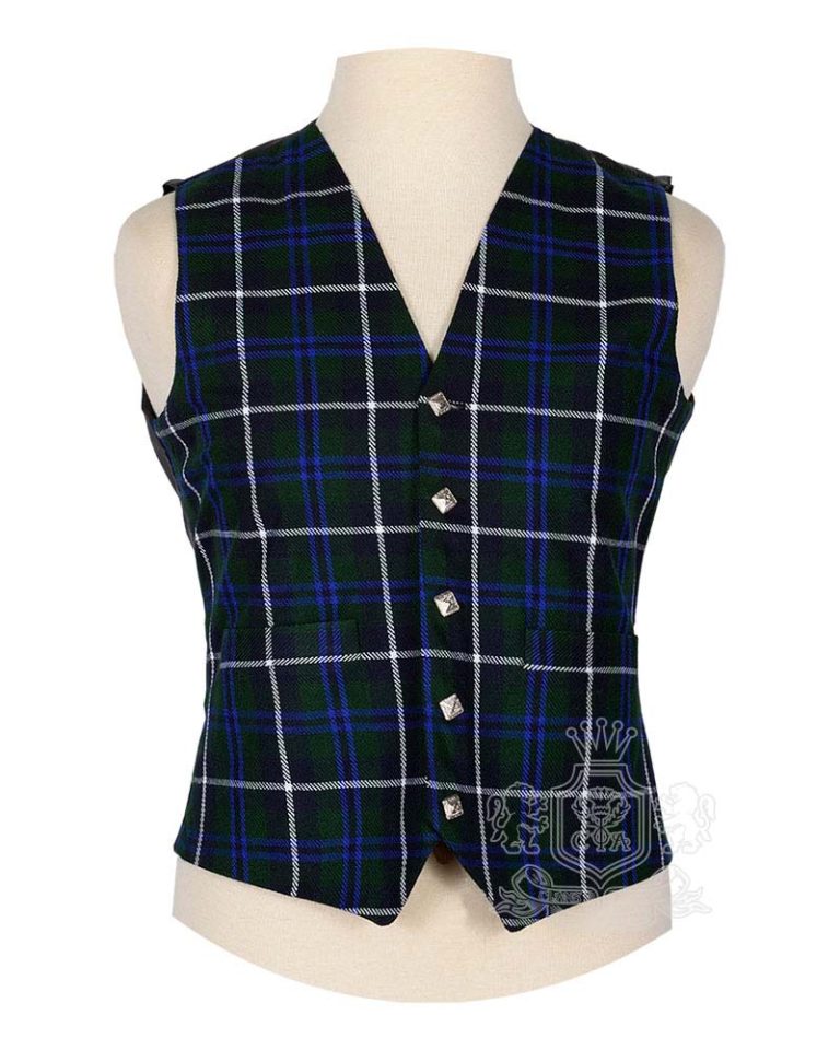 Douglas Blue Tartan Vest in rich blue green white and black clan tartan, 5-button front view
