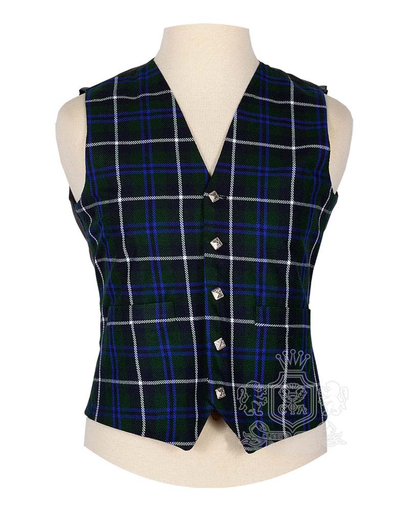 Douglas Blue Tartan Vest in rich blue green white and black clan tartan, 5-button front view