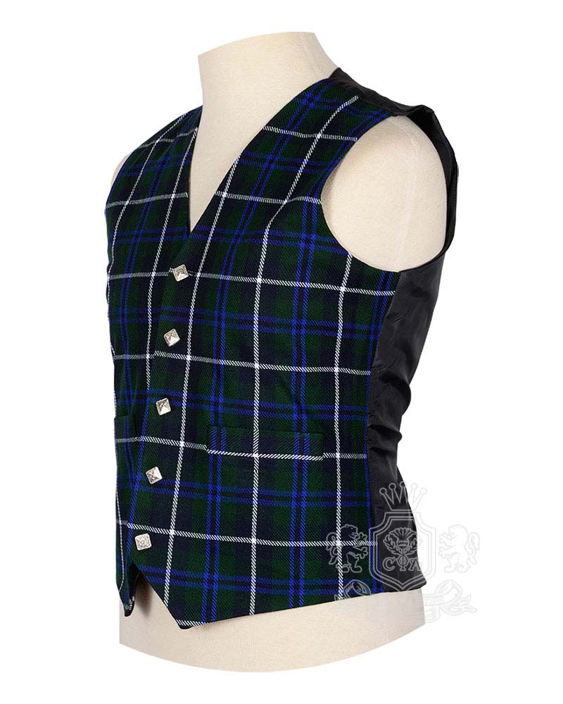 Douglas Blue tartan waistcoat showing antique Scottish metal buttons and V-neck design detail