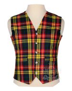 Buchanan Tartan Vest in vivid yellow red green and navy asymmetric clan tartan, 5-button front view