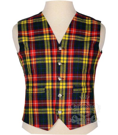 Buchanan Tartan Vest in vivid yellow red green and navy asymmetric clan tartan, 5-button front view