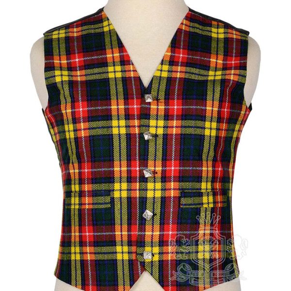 Buchanan Tartan Vest in vivid yellow red green and navy asymmetric clan tartan, 5-button front view