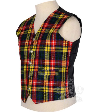 Buchanan tartan waistcoat showing antique Scottish metal buttons and V-neck design detail