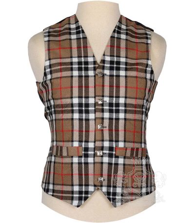 Campbell Thompson Tartan Vest in soft blue green and black Campbell clan tartan, 5-button front view