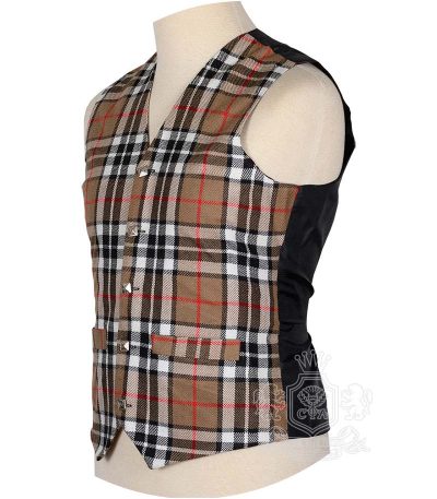 Campbell Thompson tartan waistcoat showing Celtic silver buttons and V-neck design detail