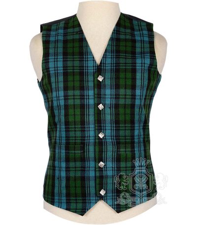 Campbell Ancient Tartan Vest in soft blue green and black clan tartan, 5-button front view