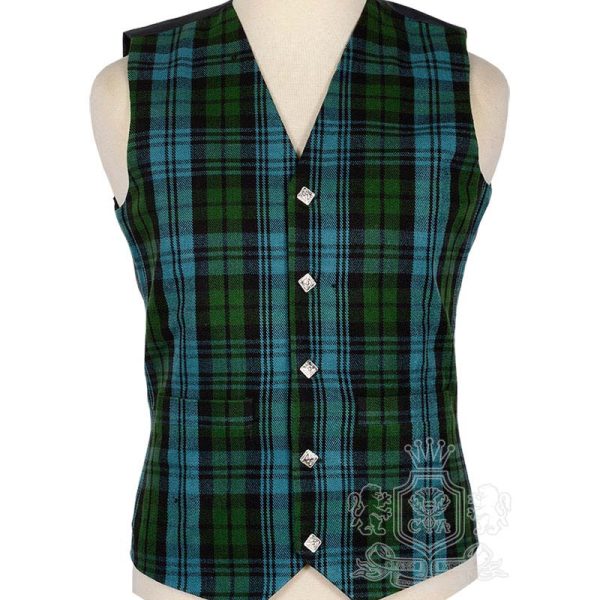 Campbell Ancient Tartan Vest in soft blue green and black clan tartan, 5-button front view
