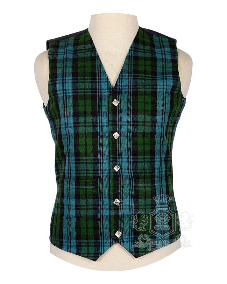 Campbell Ancient Tartan Vest in soft blue green and black clan tartan, 5-button front view