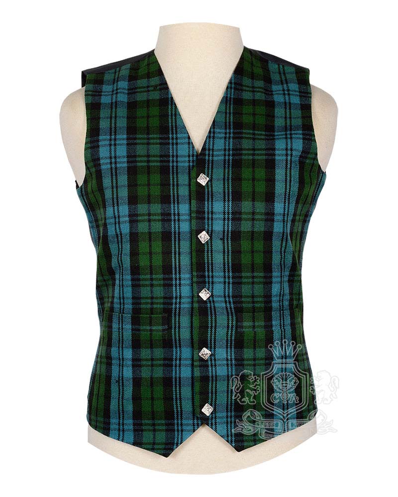 Campbell Ancient Tartan Vest in soft blue green and black clan tartan, 5-button front view
