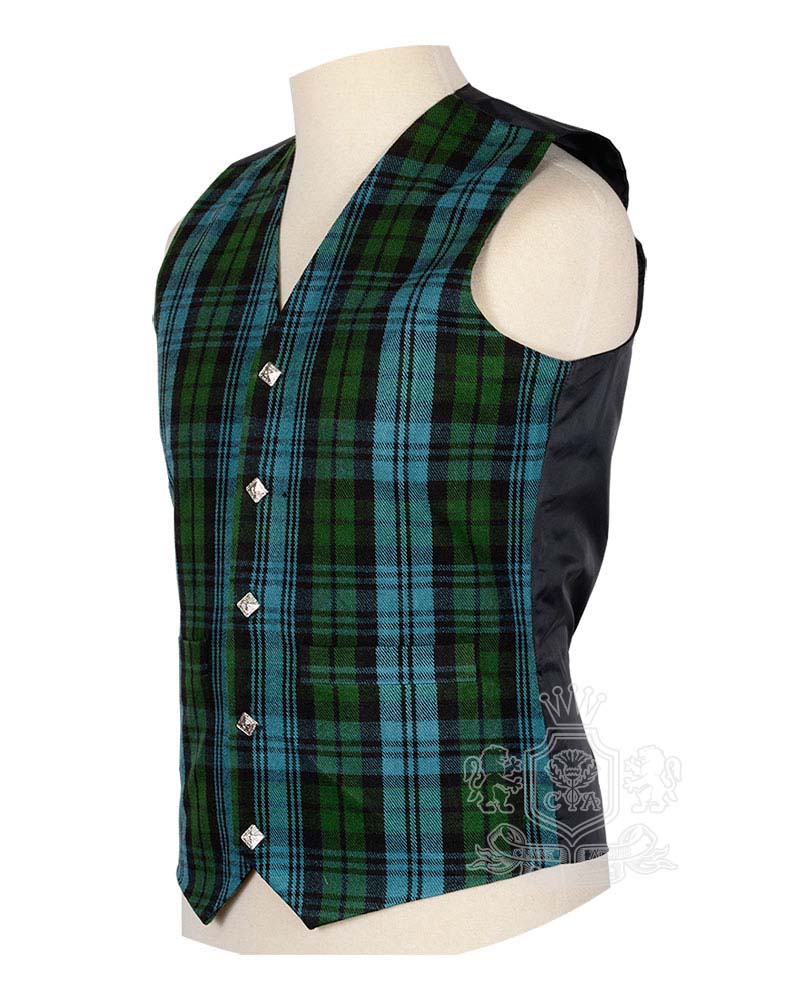 Campbell Ancient tartan waistcoat showing antique Scottish metal buttons and V-neck design detail