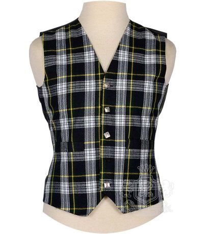 Dress Gordon Tartan Vest in formal green navy black and white clan tartan, 5-button front view