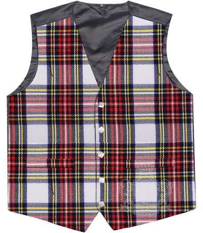 Dress Stewart Tartan Vest in elegant formal red and grey clan tartan, 5-button front view