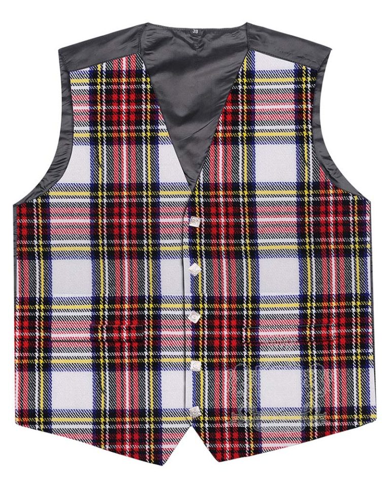 Dress Stewart Tartan Vest in elegant formal red and grey clan tartan, 5-button front view