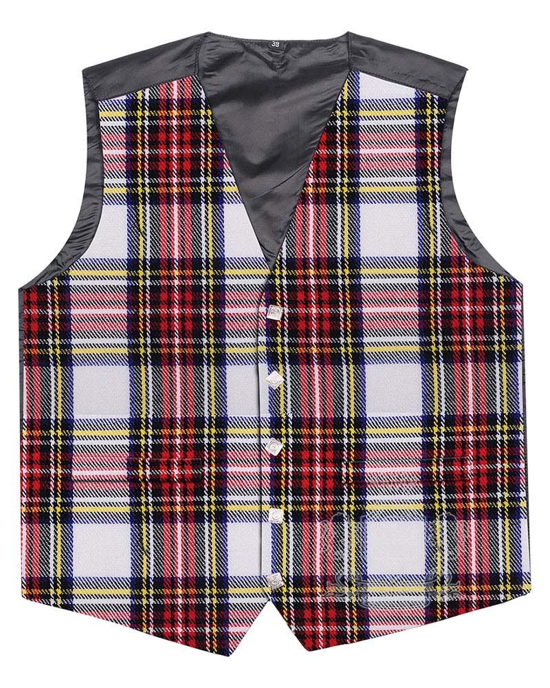 Dress Stewart Tartan Vest in elegant formal red and grey clan tartan, 5-button front view