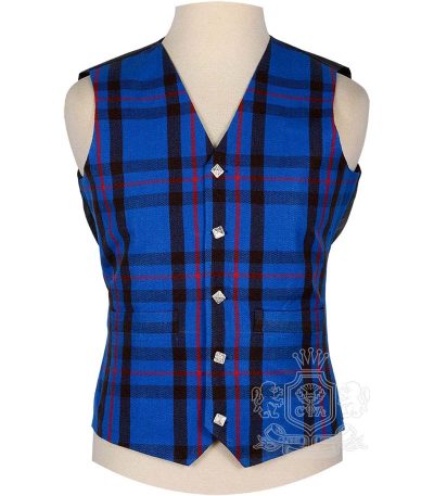 Elliott Modern Tartan Vest in bold sapphire blue crimson and black Border clan tartan, 5-button front view