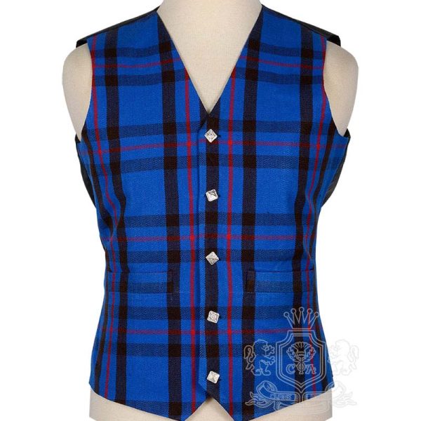 Elliott Modern Tartan Vest in bold sapphire blue crimson and black Border clan tartan, 5-button front view