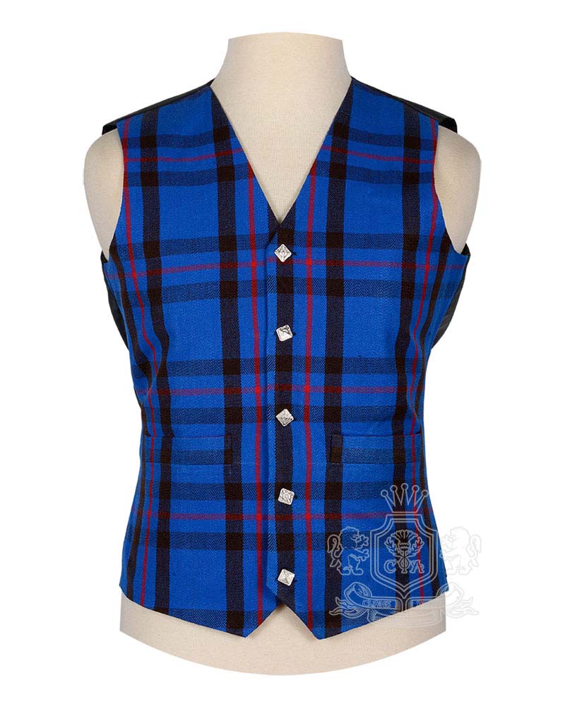 Elliott Modern Tartan Vest in bold sapphire blue crimson and black Border clan tartan, 5-button front view