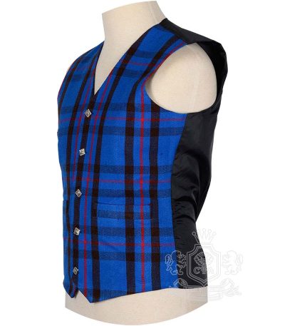 Elliott Modern tartan waistcoat showing Celtic silver buttons and V-neck design detail