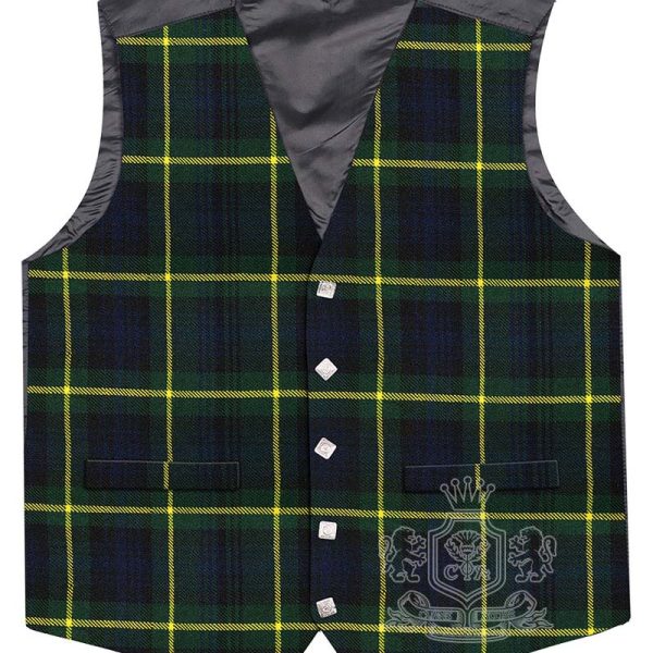 Gordon Modern Tartan Vest in bold green navy blue and yellow overcheck clan tartan, 5-button front view