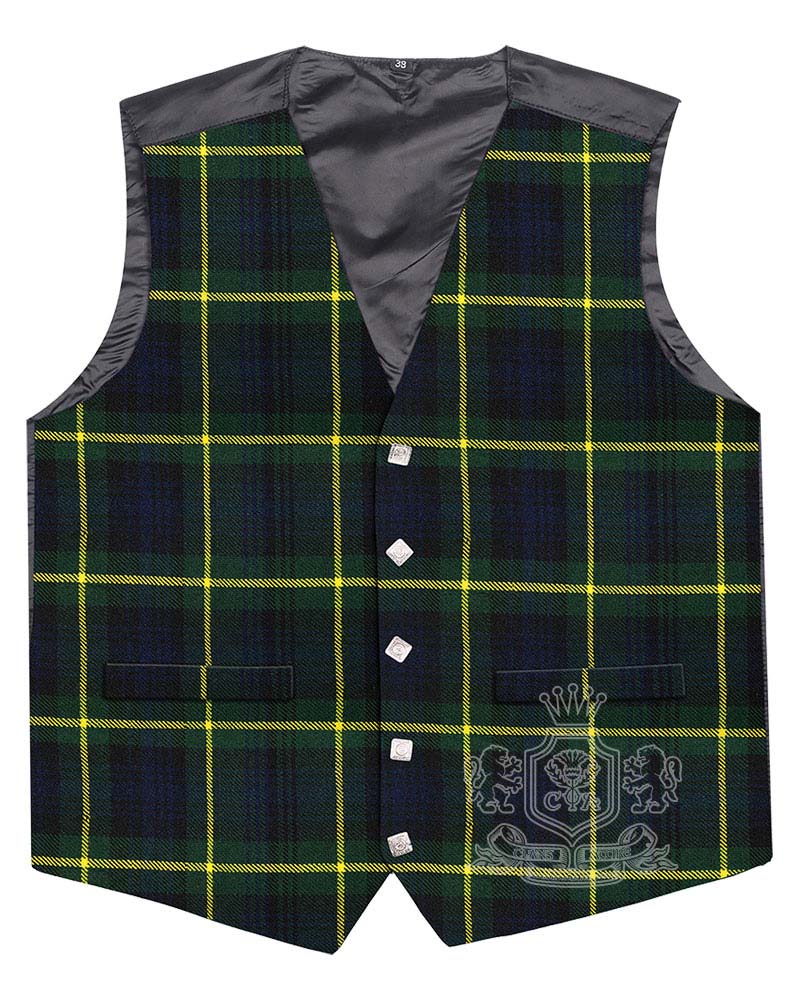 Gordon Modern Tartan Vest in bold green navy blue and yellow overcheck clan tartan, 5-button front view