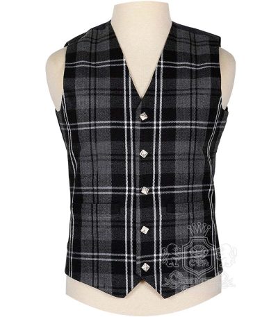 Granite Tartan Vest in sophisticated muted grey black and charcoal Highland landscape tartan, 5-button front view