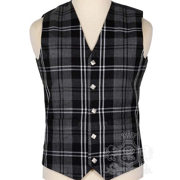 Granite Tartan Vest in sophisticated muted grey black and charcoal Highland landscape tartan, 5-button front view