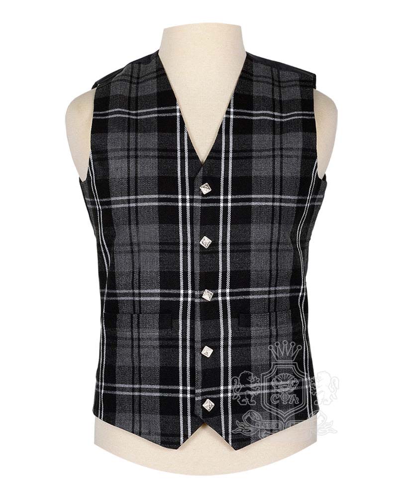 Granite Tartan Vest in sophisticated muted grey black and charcoal Highland landscape tartan, 5-button front view