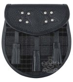 Grey Watch Tartan Black Leather Sporran | Scottish Kilt Pouch