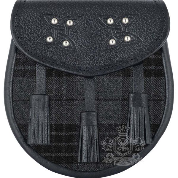 Grey Watch Tartan Black Leather Sporran | Scottish Kilt Pouch