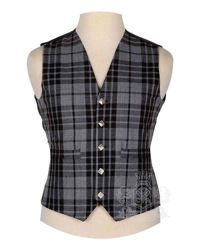 Grey Watch Tartan Vest in sophisticated dark grey black and white neutral tartan, 5-button front view