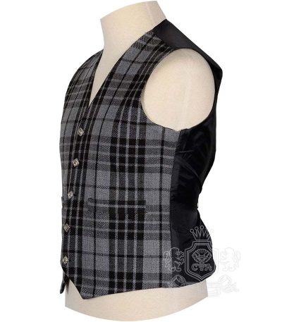 Grey Watch tartan waistcoat showing Celtic silver buttons and V-neck design detail