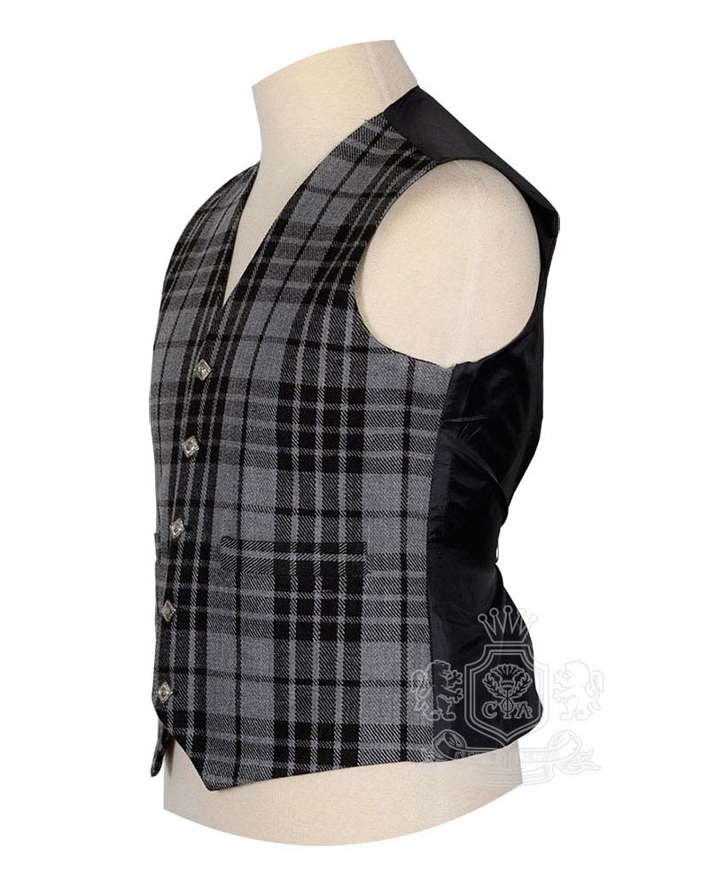 Grey Watch tartan waistcoat showing Celtic silver buttons and V-neck design detail