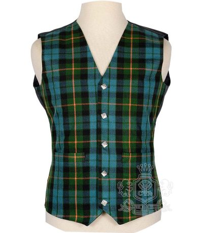 Gunn Ancient Tartan Vest in muted green soft blue and red Norse-Scottish clan tartan, 5-button front view