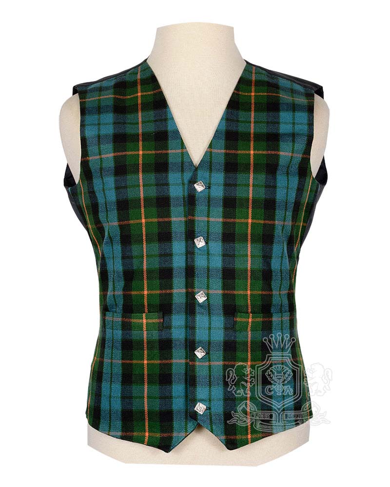 Gunn Ancient Tartan Vest in muted green soft blue and red Norse-Scottish clan tartan, 5-button front view