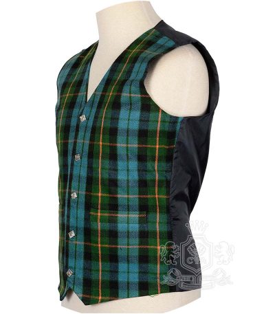 Gunn Ancient tartan waistcoat showing Celtic silver buttons and V-neck design detail