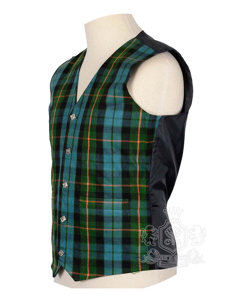 Gunn Ancient tartan waistcoat showing Celtic silver buttons and V-neck design detail