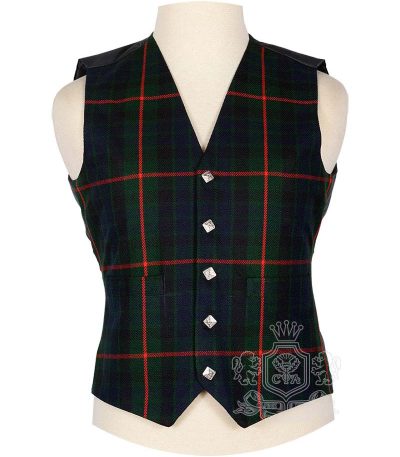 Gunn Modern Tartan Vest in bold navy blue bottle green black and red Norse-Scottish clan tartan, 5-button front view