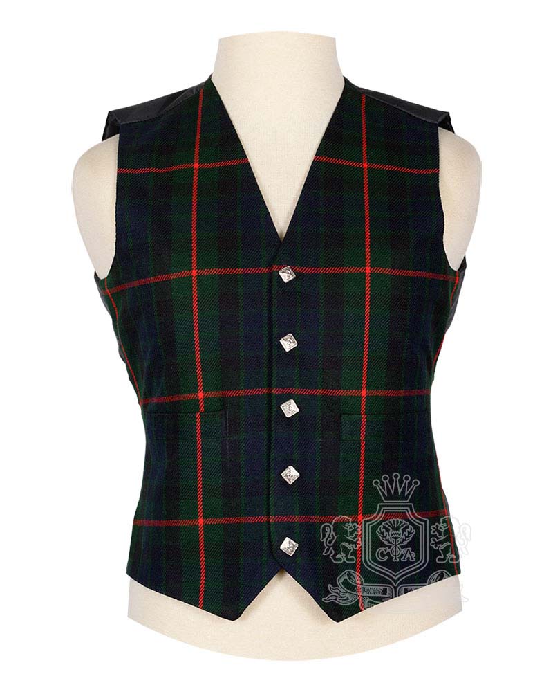 Gunn Modern Tartan Vest in bold navy blue bottle green black and red Norse-Scottish clan tartan, 5-button front view