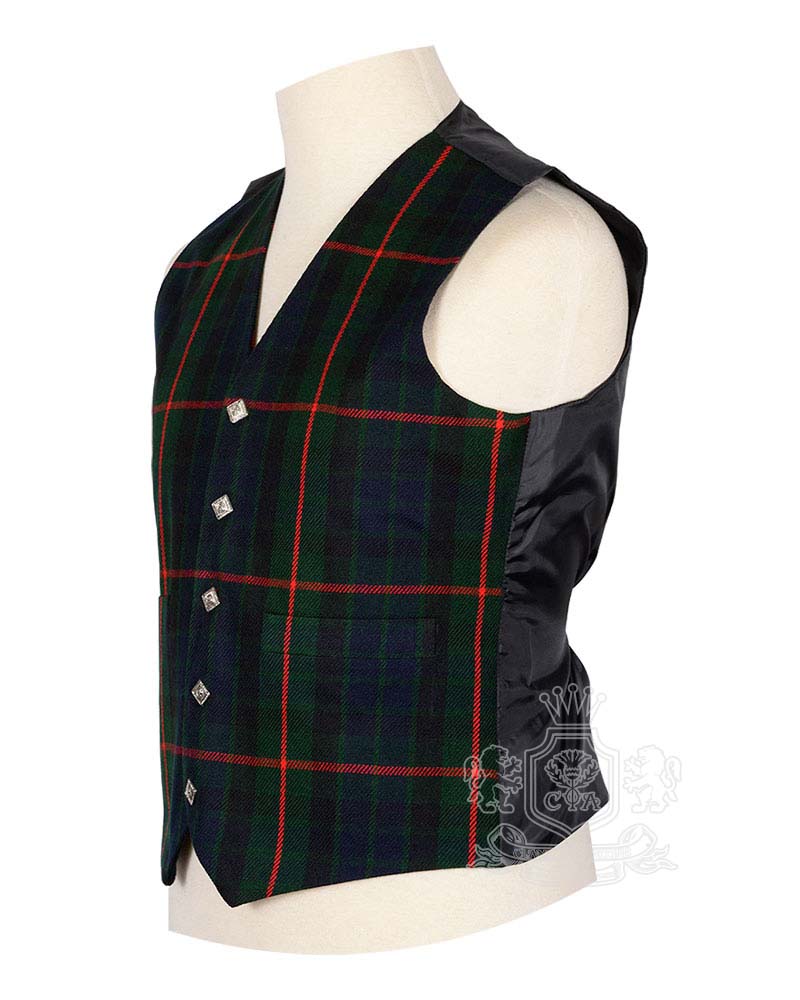 Gunn Modern tartan waistcoat showing Celtic silver buttons and V-neck design detail