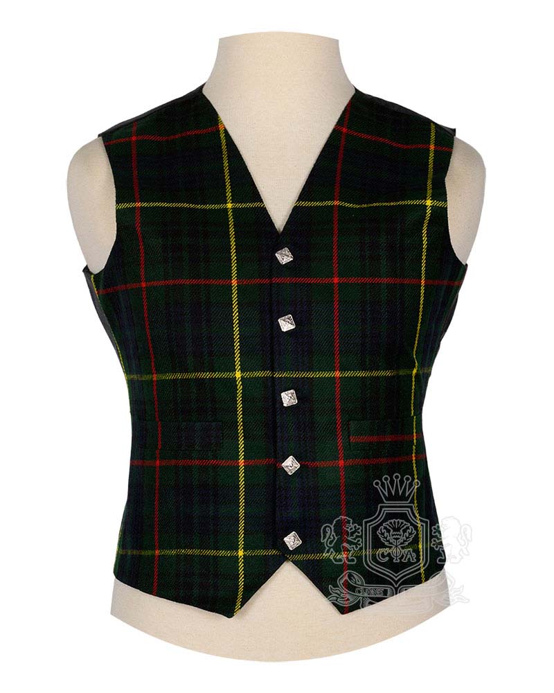 Hunting Stewart Tartan Vest in navy blue green red and yellow outdoor clan tartan, 5-button front view